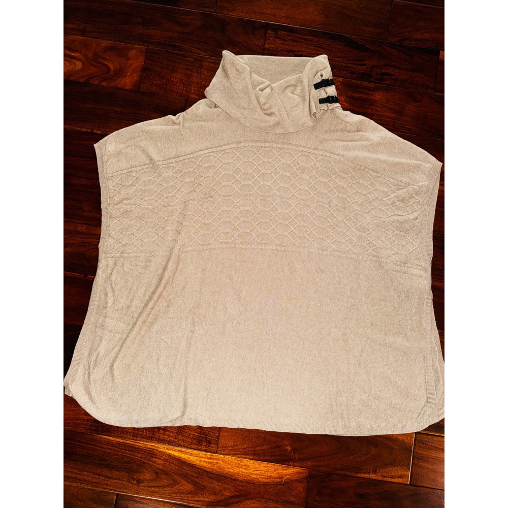 Joseph A. Poncho Sweater Women 1X Tan Silk like Buckle Cowl Neck Cable Knit 992